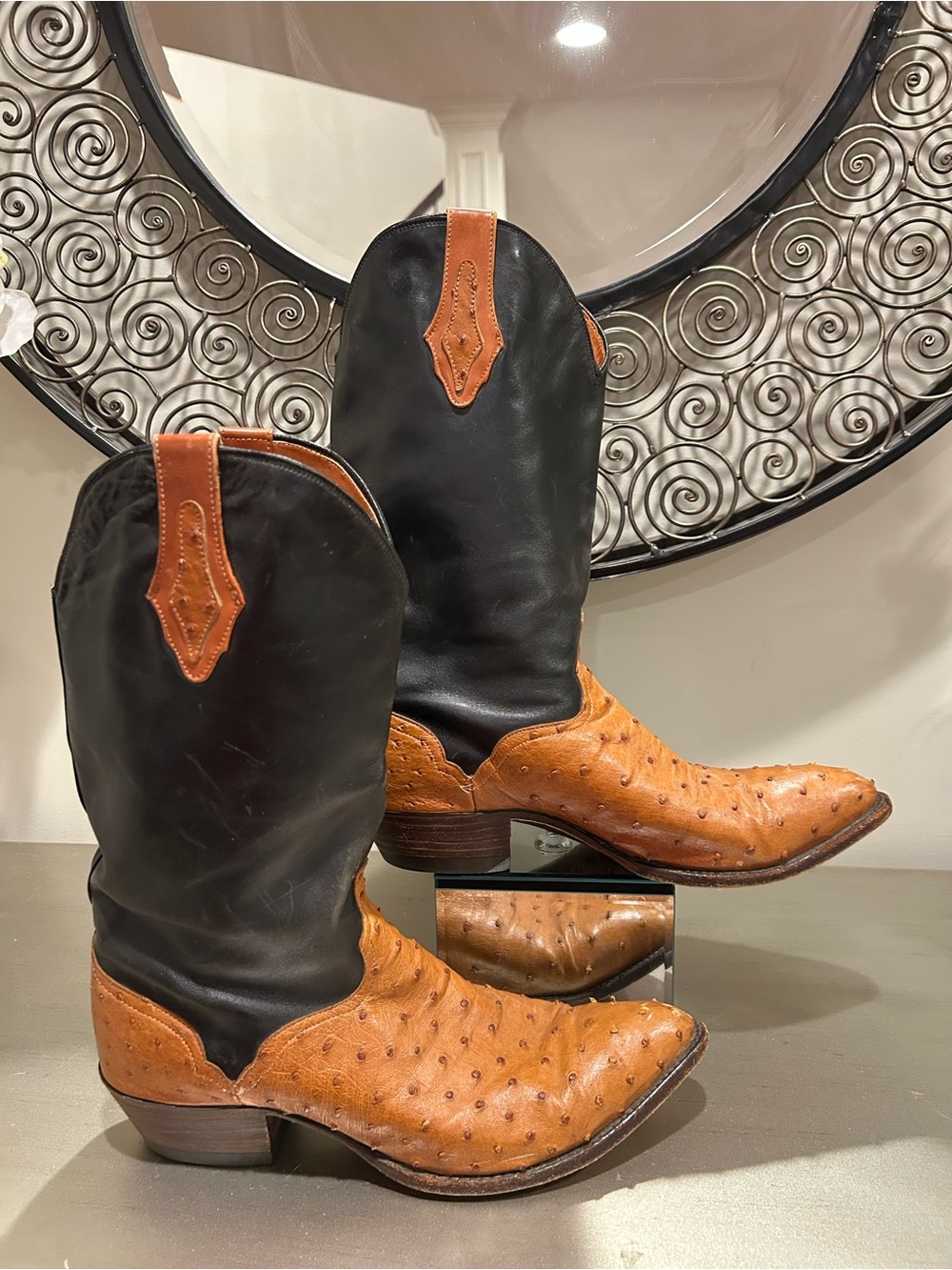 El Dorado Full Quill Ostrich Cowboy Boots Mens 12D Tan Black Made USA